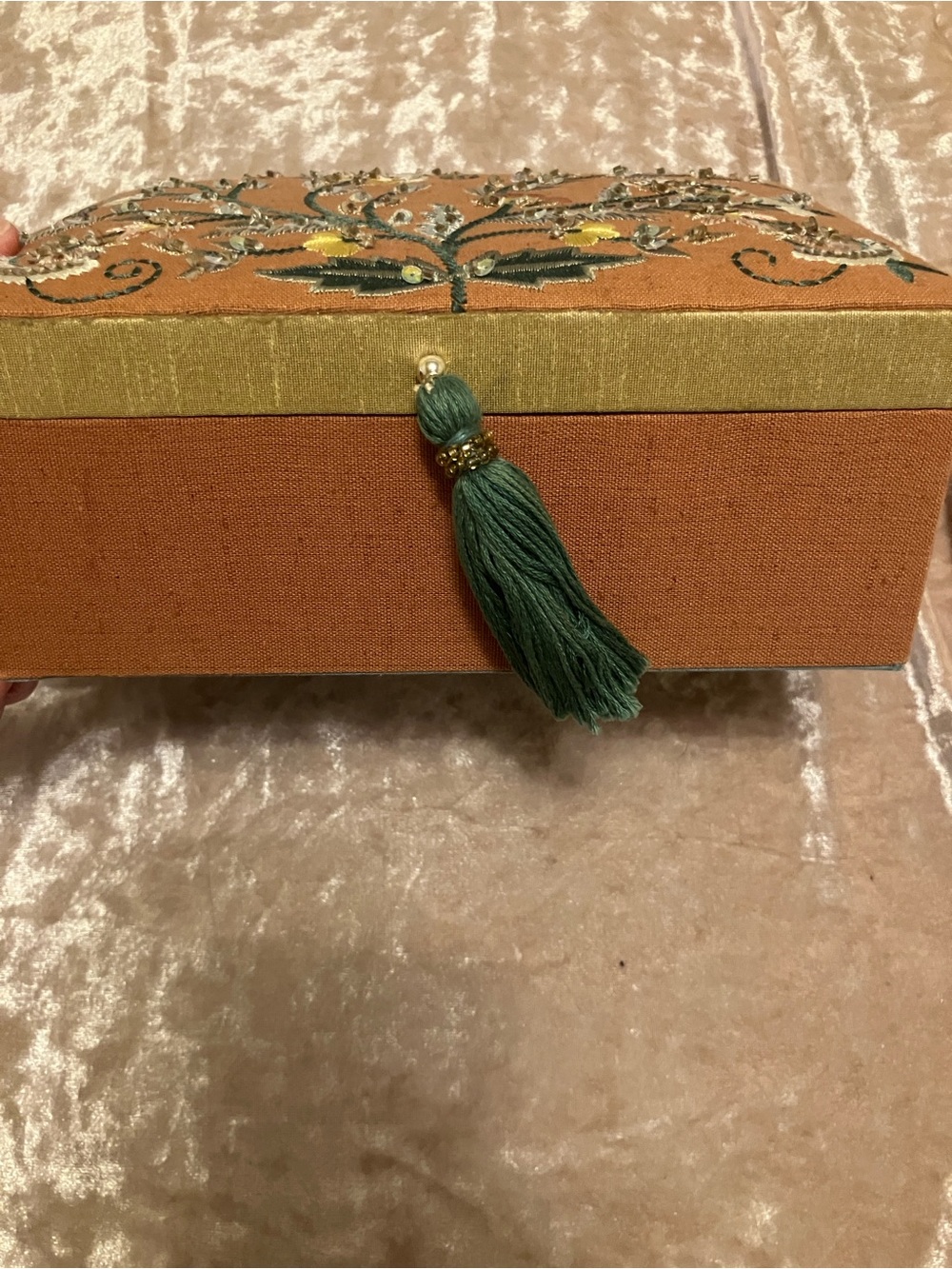 Embroidered boho Floral Jewelry Box in Burnt Orange with Green Tassel - Picture 5 of 7